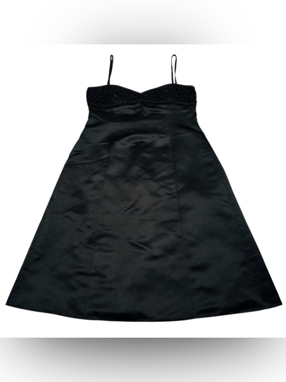 Vintage Armani Collezioni Black Satin A-Line Slip Dress with Lace Bodice Size 12